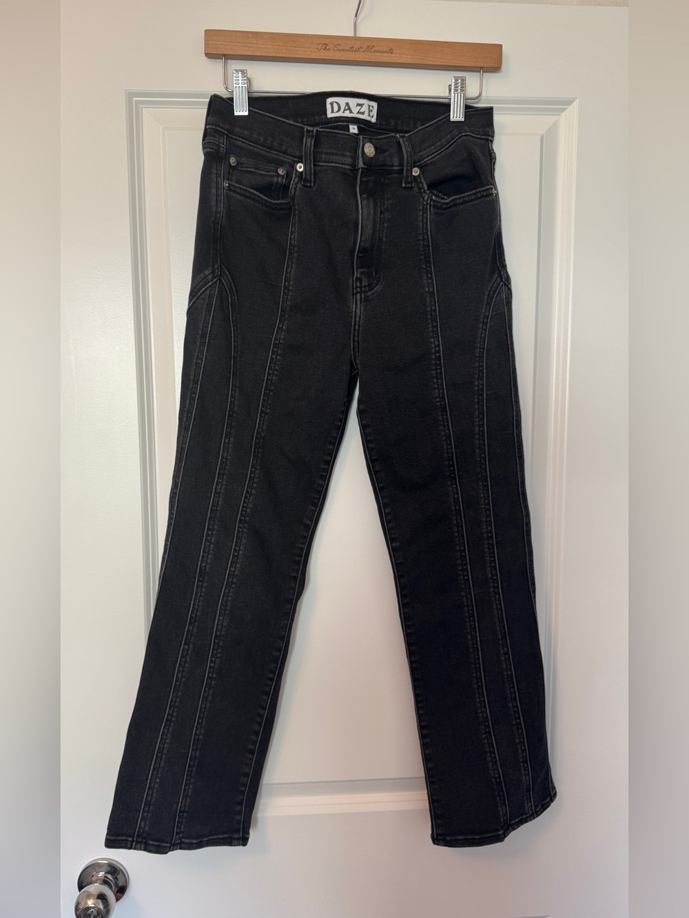 DAZE high-rise paneled straight/wide leg jeans in a faded black wash